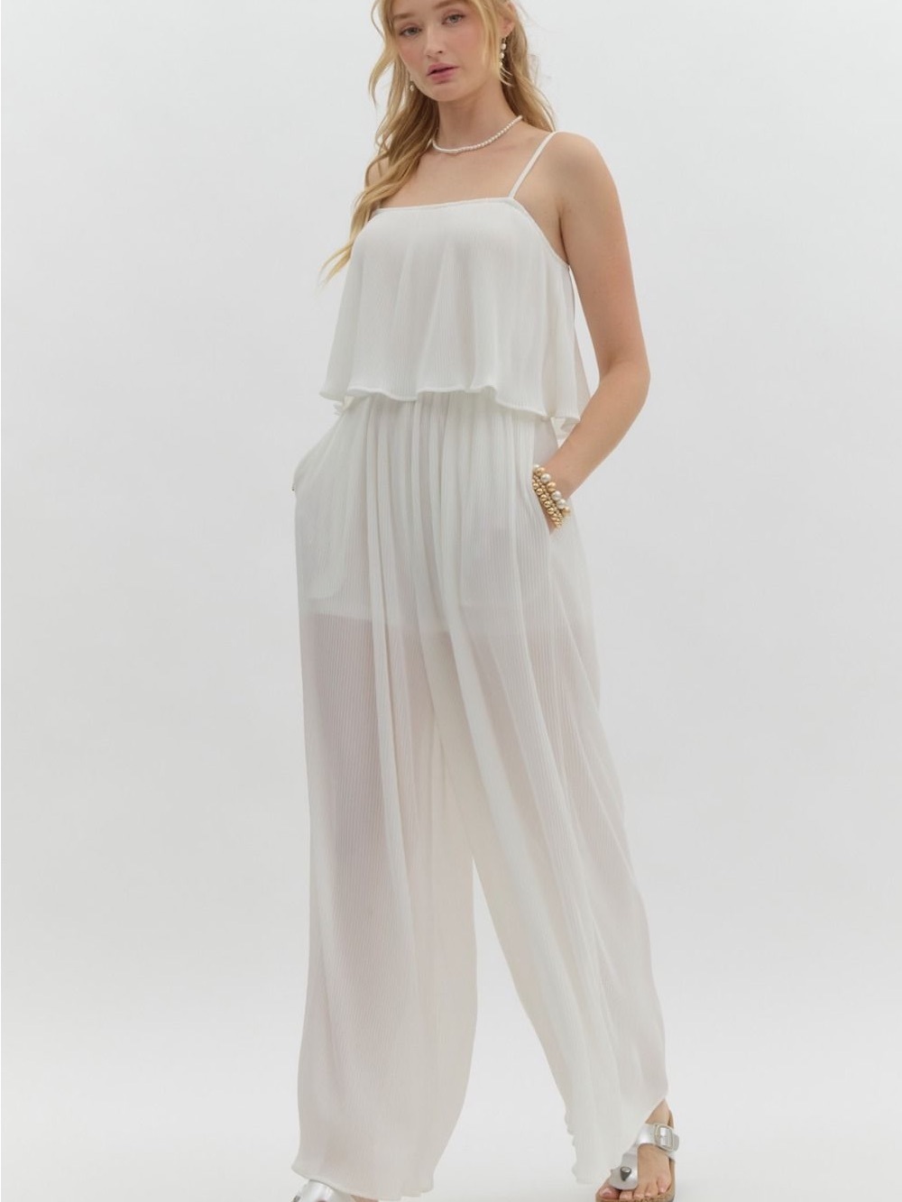 Entro Plisse Spaghetti Strap Jumpsuit